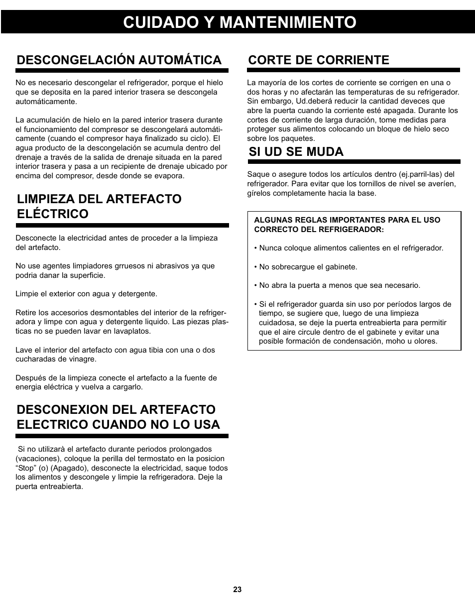 Cuidado y mantenimiento, Descongelación automática, Limpieza del artefacto eléctrico | Corte de corriente, Si ud se muda | Danby DAR026AWDD User Manual | Page 24 / 27