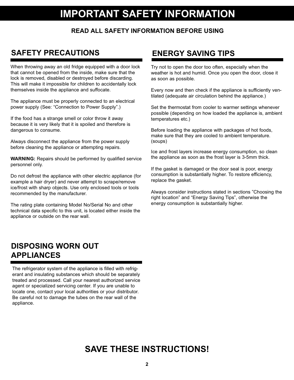 Important safety information, Save these instructions, Disposing worn out appliances | Safety precautions, Energy saving tips | Danby DAR026AWDD User Manual | Page 4 / 27
