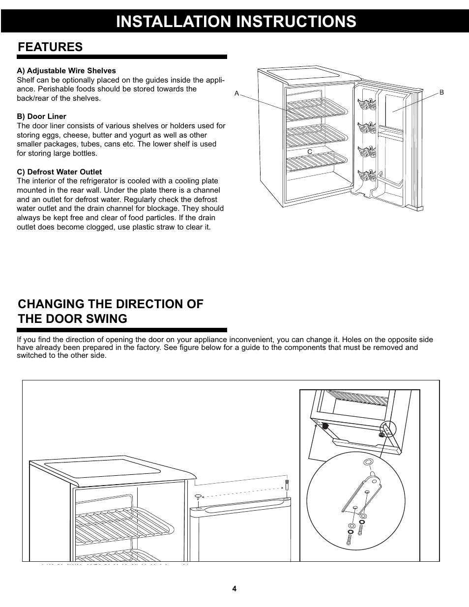 Installation instructions, Features, Changing the direction of the door swing | Danby DAR026AWDD User Manual | Page 6 / 27