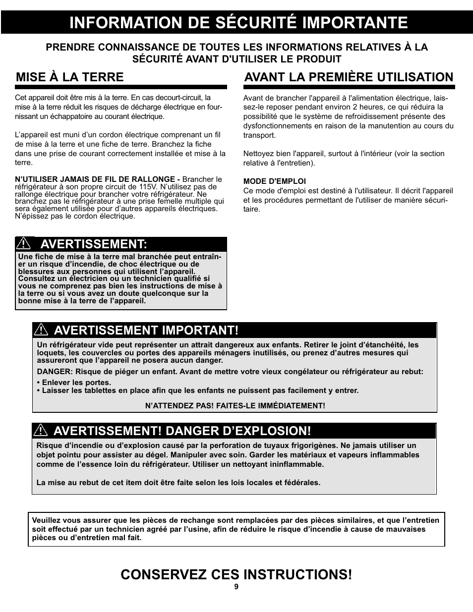 Information de sécurité importante, Conservez ces instructions, Mise à la terre | Avant la première utilisation avertissement, Avertissement! danger d’explosion, Avertissement important | Danby DAR033A1WDD User Manual | Page 11 / 27