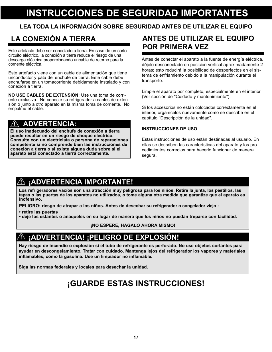 Instrucciones de seguridad importantes, Guarde estas instrucciones, La conexión a tierra | Advertencia! ¡peligro de explosión, Advertencia importante | Danby DAR033A1WDD User Manual | Page 19 / 27