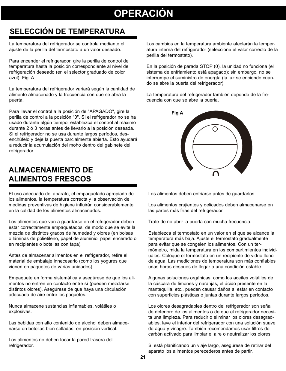 Operación, Almacenamiento de alimentos frescos, Selección de temperatura | Danby DAR033A1WDD User Manual | Page 23 / 27