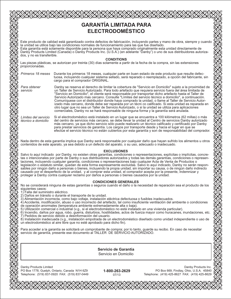 Limited in-home appliance warranty, Garantía limitada para electrodoméstico | Danby DAR033A1WDD User Manual | Page 26 / 27