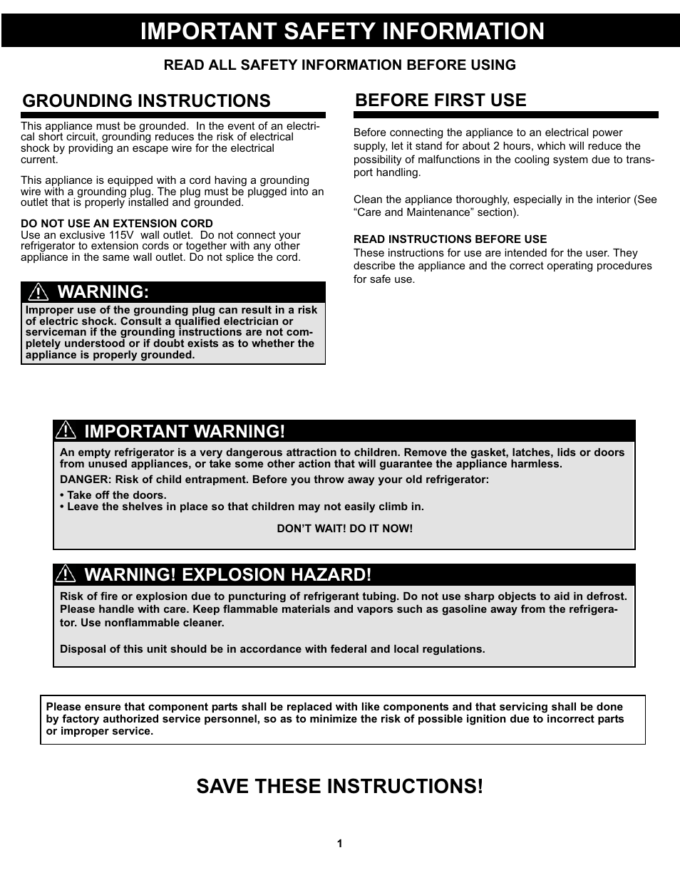 Important safety information, Save these instructions, Grounding instructions | Before first use warning, Warning! explosion hazard, Important warning | Danby DAR033A1WDD User Manual | Page 3 / 27