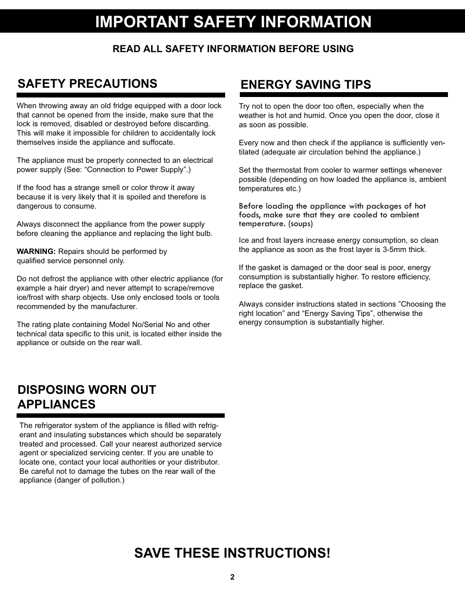 Important safety information, Save these instructions, Disposing worn out appliances | Safety precautions, Energy saving tips | Danby DAR033A1WDD User Manual | Page 4 / 27