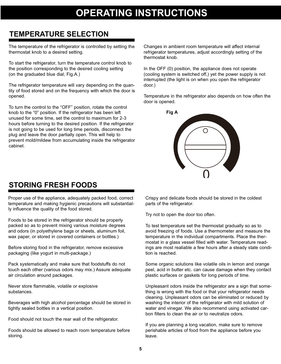 Operating instructions, Storing fresh foods, Temperature selection | Danby DAR033A1WDD User Manual | Page 7 / 27