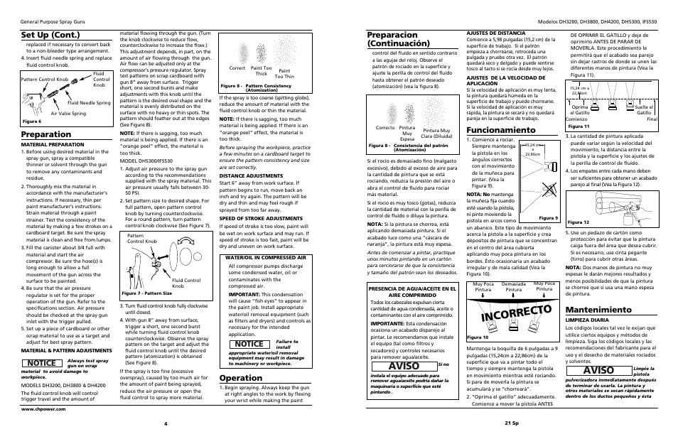 Incorrecto, Aviso, Preparacion (continuación) | Funcionamiento, Mantenimiento, Operation, Set up (cont.), Preparation, Notice | Campbell Hausfeld DH4200 User Manual | Page 4 / 12