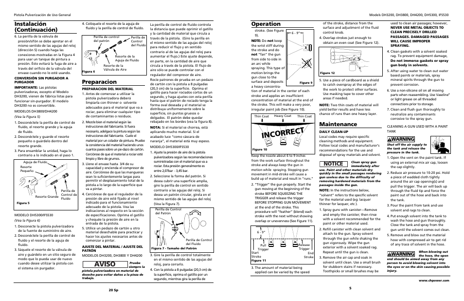 Incorrect, Aviso, Preparacion | Instalación (continuación), Operation, Maintenance, Notice, Warning | Campbell Hausfeld DH4200 User Manual | Page 5 / 12