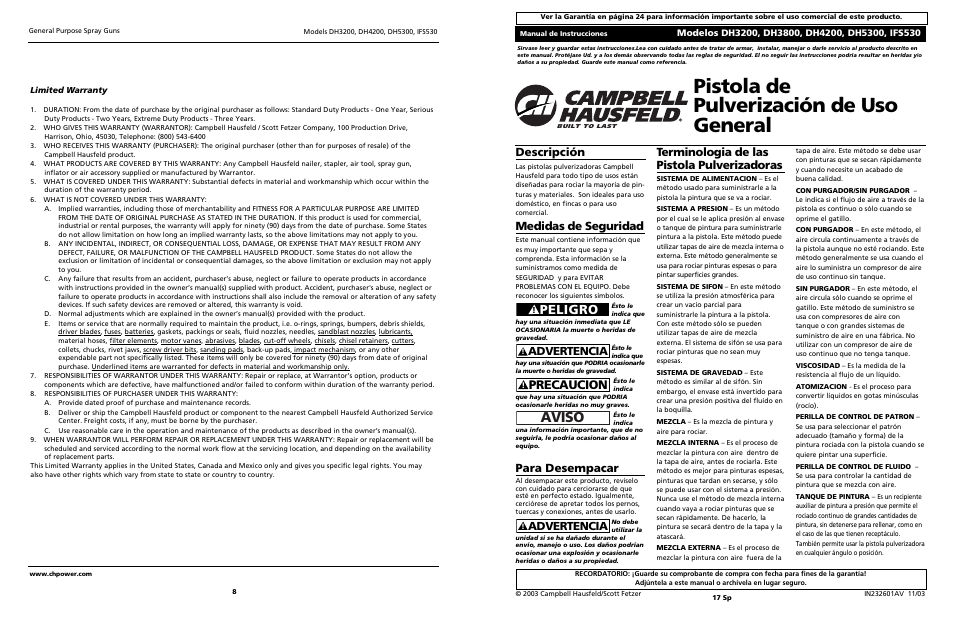 Pistola de pulverización de uso general, Aviso, Peligro | Precaucion, Medidas de seguridad, Para desempacar, Advertencia, Terminologia de las pistola pulverizadoras, Descripción | Campbell Hausfeld DH4200 User Manual | Page 8 / 12