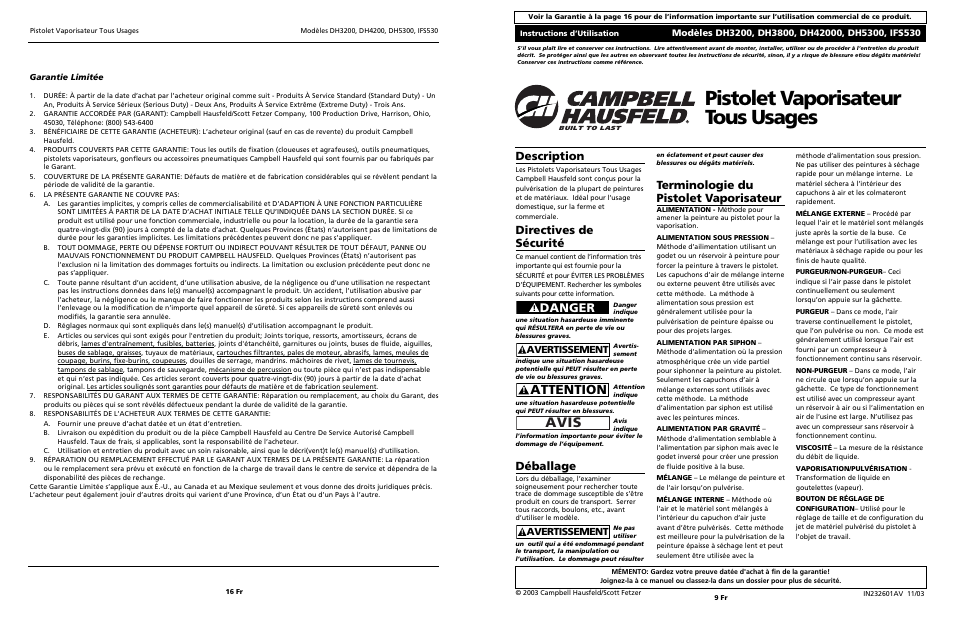 Pistolet vaporisateur tous usages, Avis, Attention | Danger, Directives de sécurité, Déballage, Terminologie du pistolet vaporisateur, Description, Avertissement | Campbell Hausfeld DH4200 User Manual | Page 9 / 12