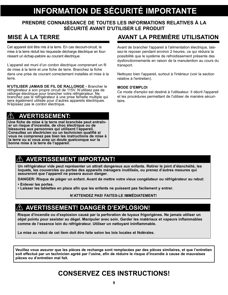 Information de sécurité importante, Conservez ces instructions, Mise à la terre | Avant la première utilisation, Avertissement! danger d’explosion, Avertissement important! avertissement | Danby DAR044A4BSSDD User Manual | Page 11 / 27