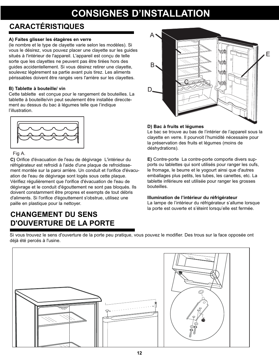 Consignes d’installation, Changement du sens d'ouverture de la porte, Caractéristiques | Danby DAR044A4BSSDD User Manual | Page 14 / 27