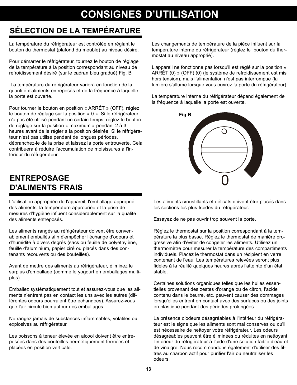 Consignes d’utilisation, Entreposage d'aliments frais, Sélection de la température | Danby DAR044A4BSSDD User Manual | Page 15 / 27