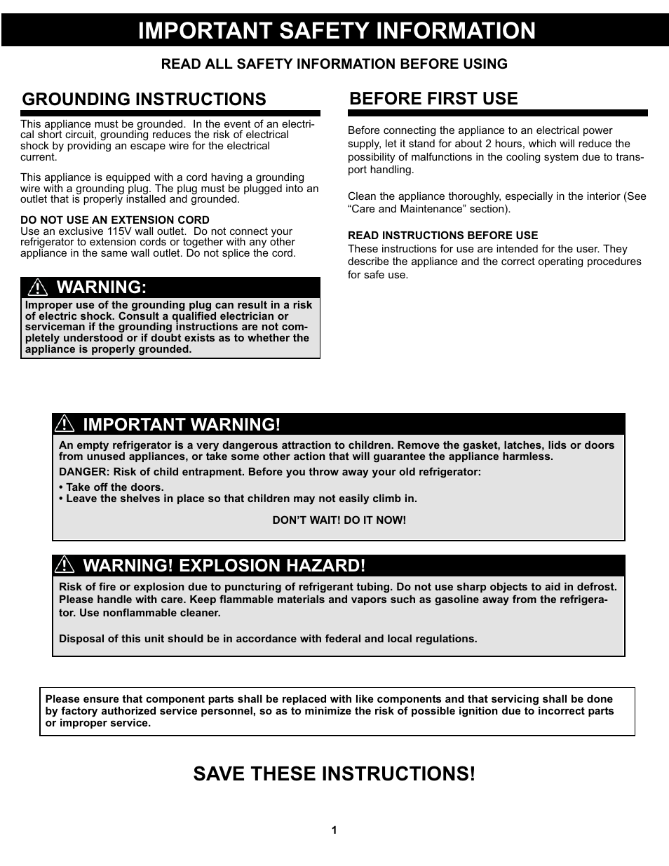 Important safety information, Save these instructions, Grounding instructions | Before first use warning, Warning! explosion hazard, Important warning | Danby DAR044A4BSSDD User Manual | Page 3 / 27