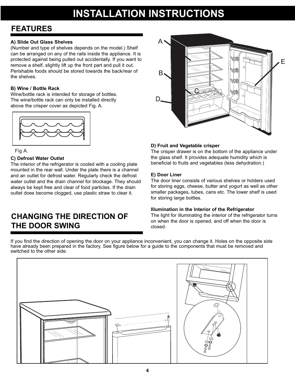 Installation instructions, Changing the direction of the door swing, Features | Danby DAR044A4BSSDD User Manual | Page 6 / 27