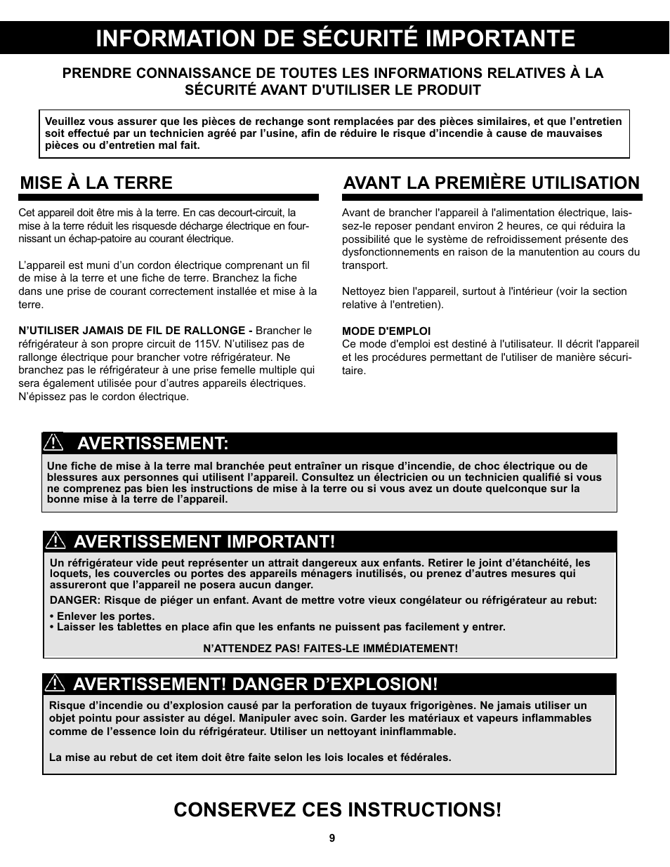 Information de sécurité importante, Conservez ces instructions, Mise à la terre | Avant la première utilisation, Avertissement! danger d’explosion, Avertissement important! avertissement | Danby DAR044A4BDD User Manual | Page 11 / 27