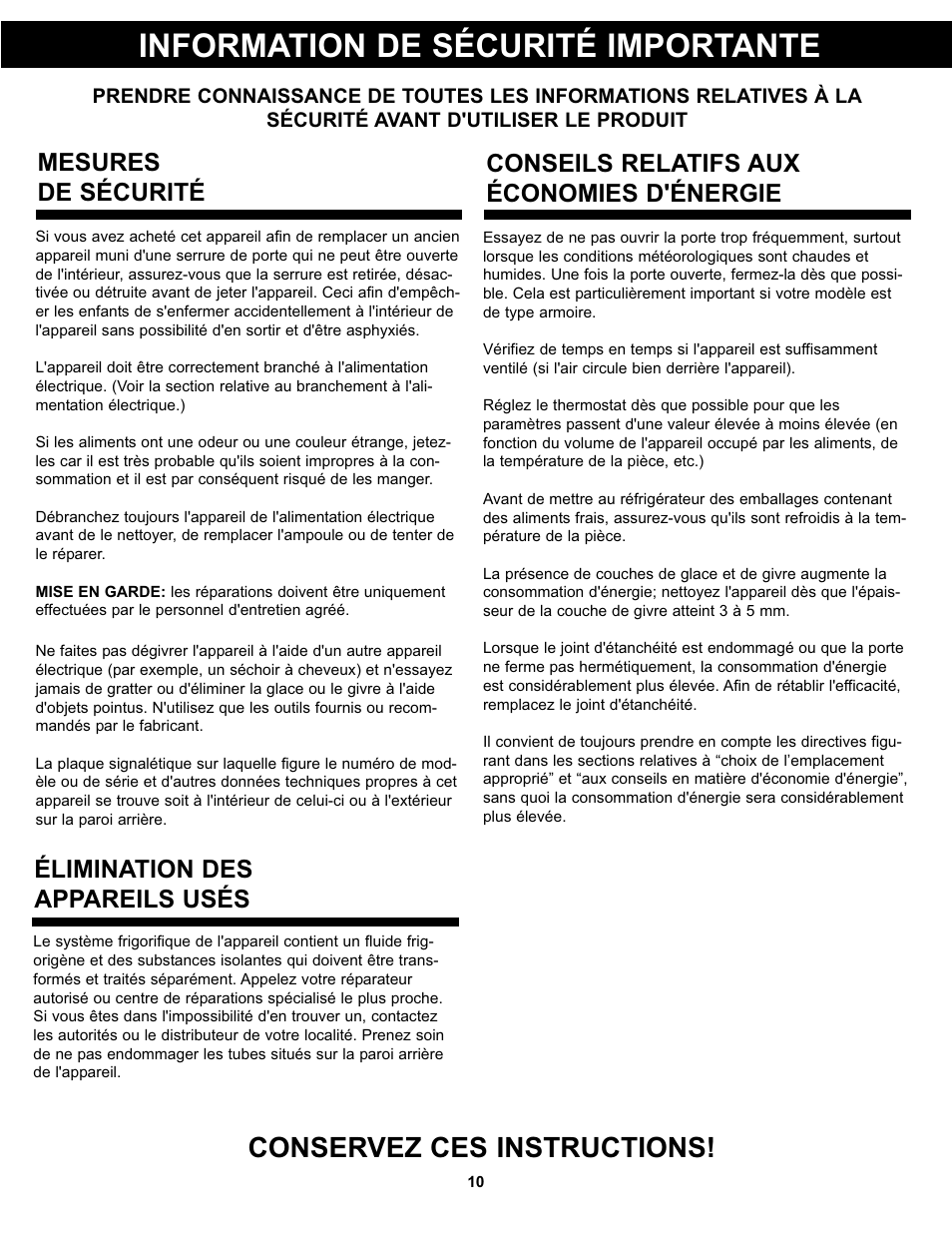 Information de sécurité importante, Conservez ces instructions, Élimination des appareils usés | Mesures de sécurité, Conseils relatifs aux économies d'énergie | Danby DAR044A4BDD User Manual | Page 12 / 27