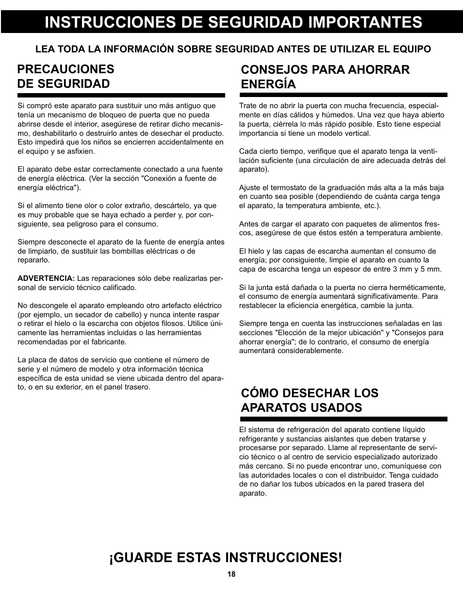 Instrucciones de seguridad importantes, Guarde estas instrucciones, Cómo desechar los aparatos usados | Precauciones de seguridad, Consejos para ahorrar energía | Danby DAR044A4BDD User Manual | Page 20 / 27