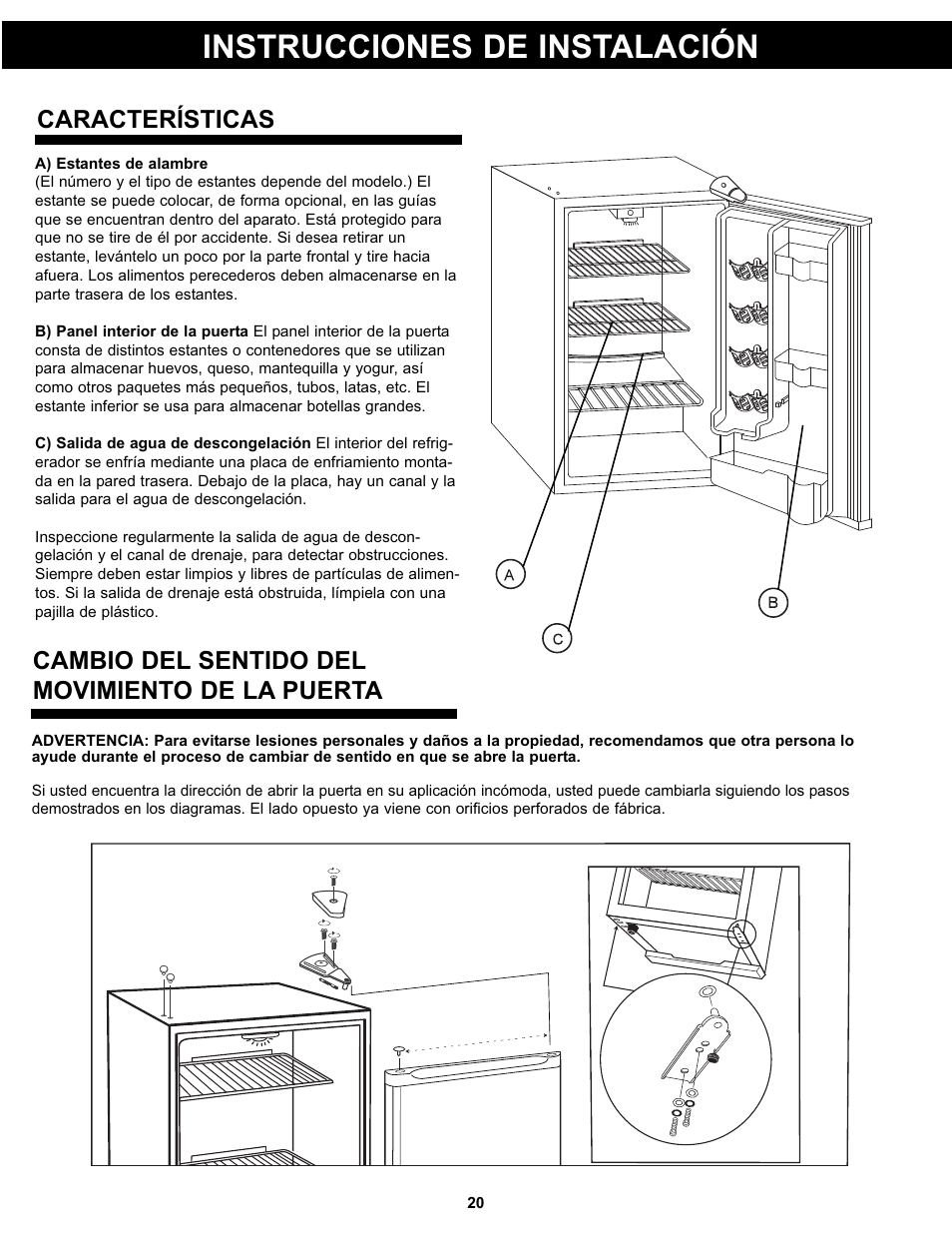 Instrucciones de instalación, Características, Cambio del sentido del movimiento de la puerta | Danby DAR044A4BDD User Manual | Page 22 / 27