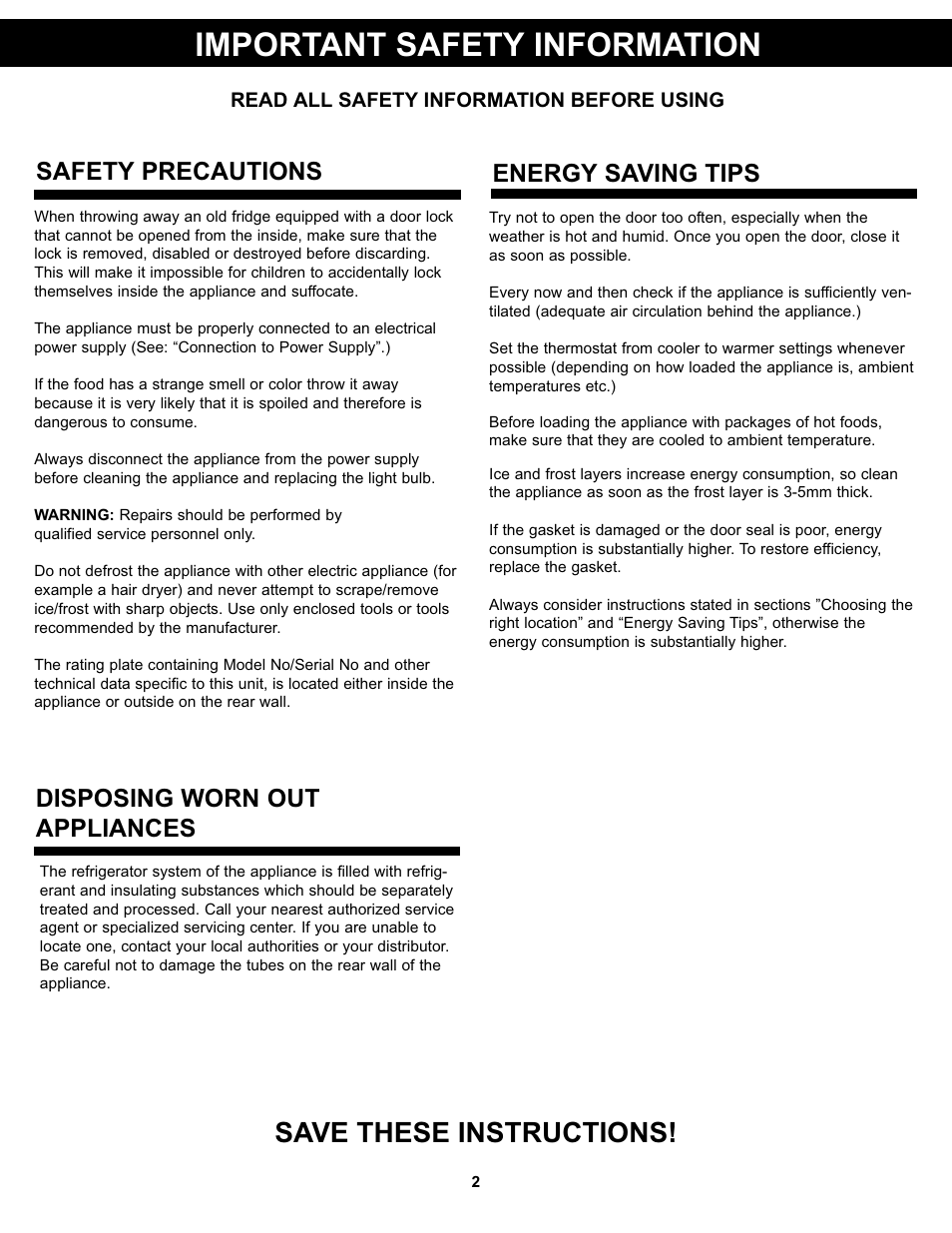 Important safety information, Save these instructions, Disposing worn out appliances | Safety precautions, Energy saving tips | Danby DAR044A4BDD User Manual | Page 4 / 27