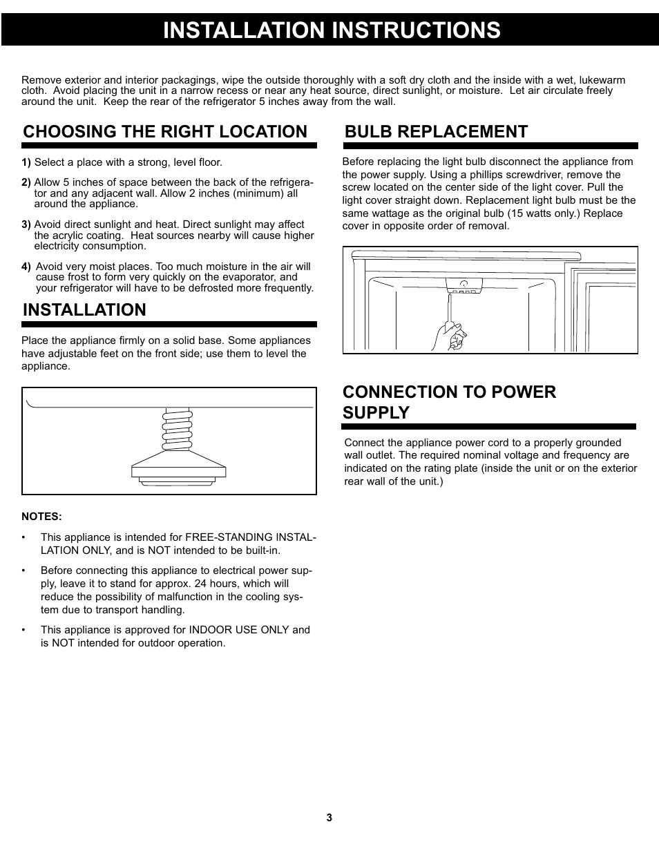 Installation instructions, Choosing the right location installation, Connection to power supply | Bulb replacement | Danby DAR044A4BDD User Manual | Page 5 / 27