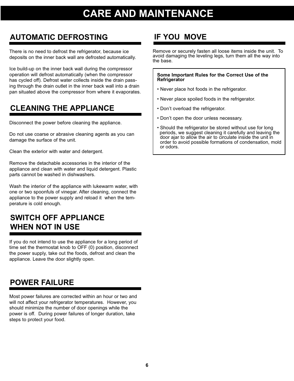 Care and maintenance, Automatic defrosting, Cleaning the appliance | Switch off appliance when not in use, Power failure, If you move | Danby DAR044A4BDD User Manual | Page 8 / 27