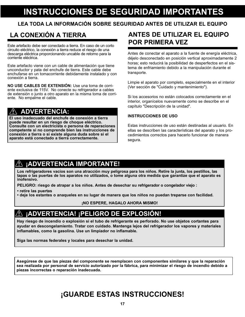 Instrucciones de seguridad importantes, Guarde estas instrucciones, La conexión a tierra | Advertencia! ¡peligro de explosión, Advertencia importante | Danby DAR044A5BSLDD User Manual | Page 19 / 27