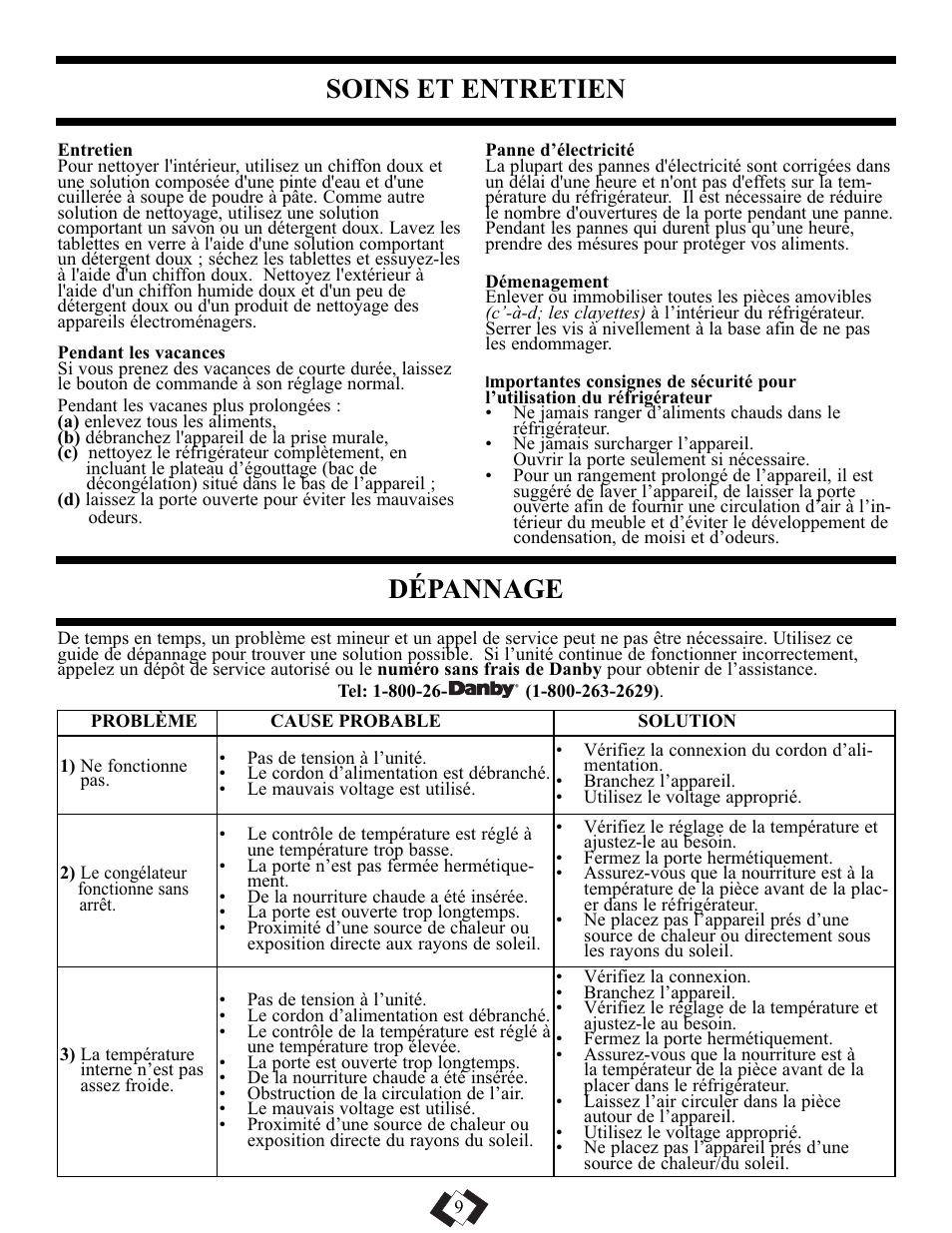 Soins et entretien, Dépannage | Danby DAR110A1WDD User Manual | Page 11 / 18