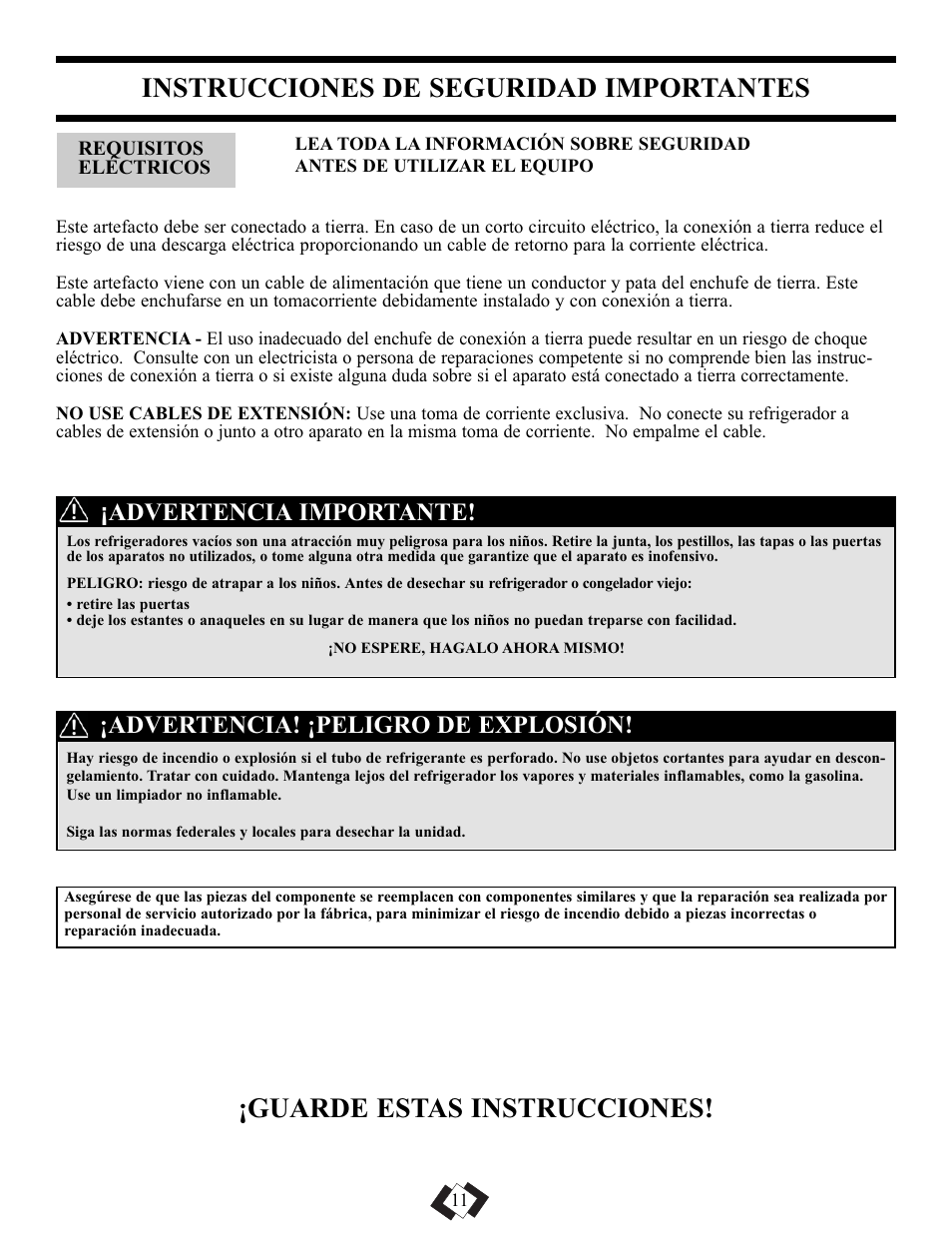 Guarde estas instrucciones, Instrucciones de seguridad importantes, Advertencia! ¡peligro de explosión | Advertencia importante | Danby DAR110A1WDD User Manual | Page 13 / 18