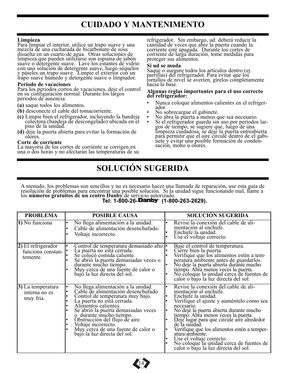 Cuidado y mantenimento, Solución sugerida | Danby DAR110A1WDD User Manual | Page 16 / 18