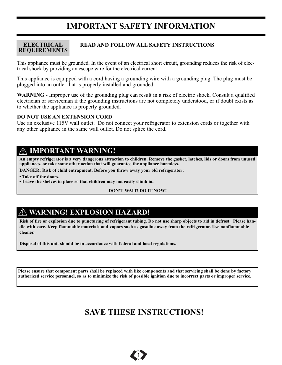 Important safety information, Save these instructions, Important warning | Warning! explosion hazard | Danby DAR110A1WDD User Manual | Page 3 / 18