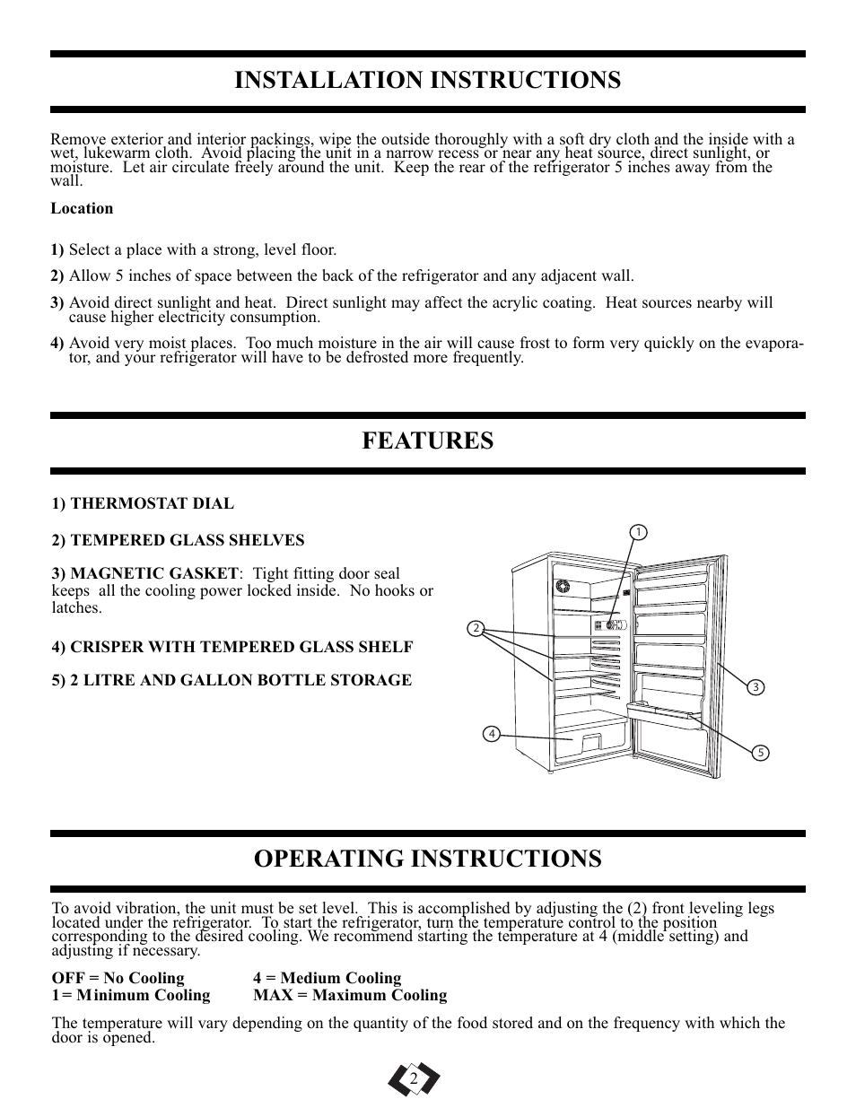 Installation instructions, Features, Operating instructions | Danby DAR110A1WDD User Manual | Page 4 / 18