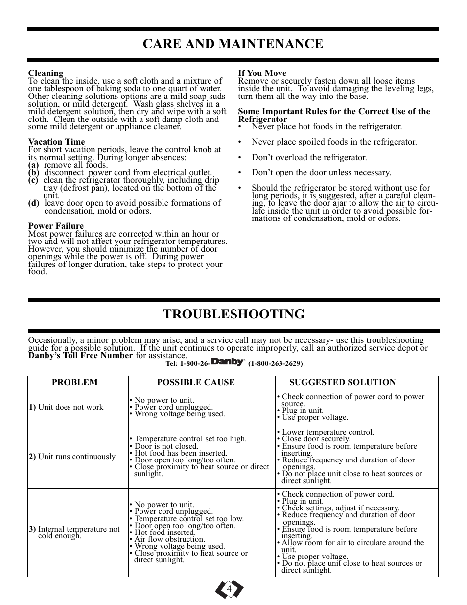 Care and maintenance, Troubleshooting | Danby DAR110A1WDD User Manual | Page 6 / 18