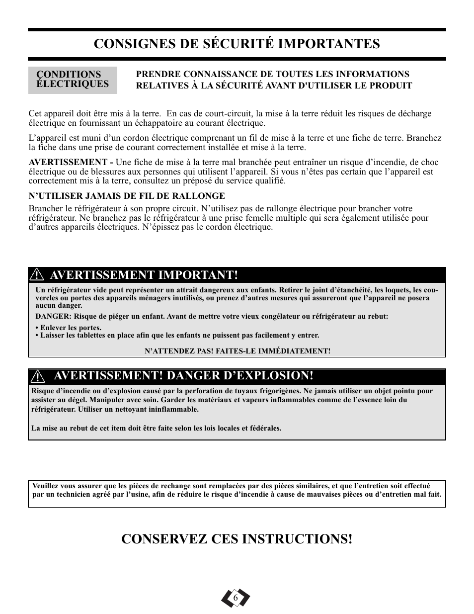 Conservez ces instructions, Consignes de sécurité importantes, Avertissement! danger d’explosion | Avertissement important | Danby DAR110A1WDD User Manual | Page 8 / 18