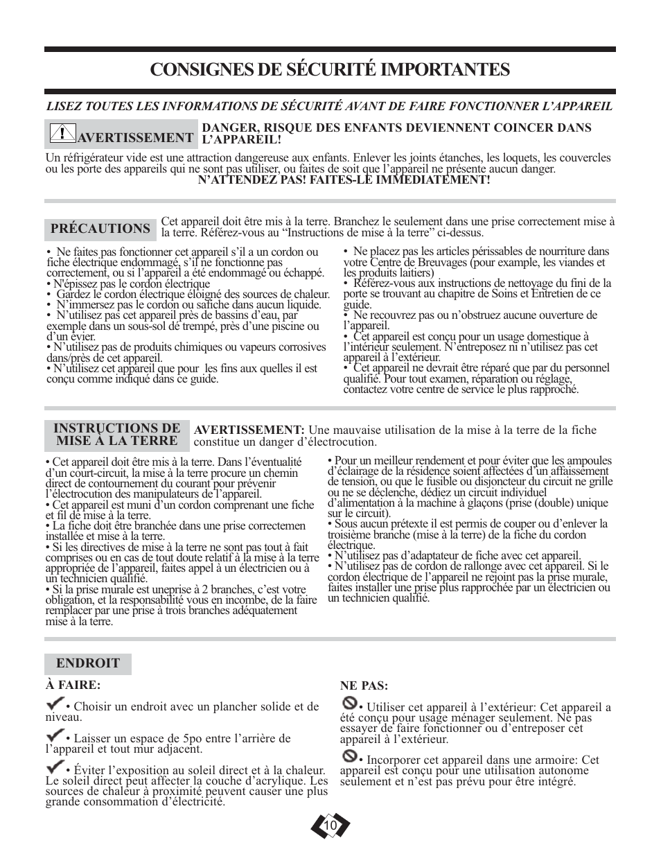 Consignes de sécurité importantes | Danby DBC120BLS User Manual | Page 11 / 26