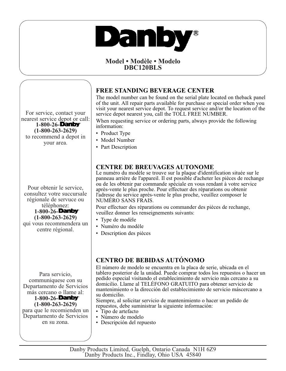 Danby DBC120BLS User Manual | Page 26 / 26