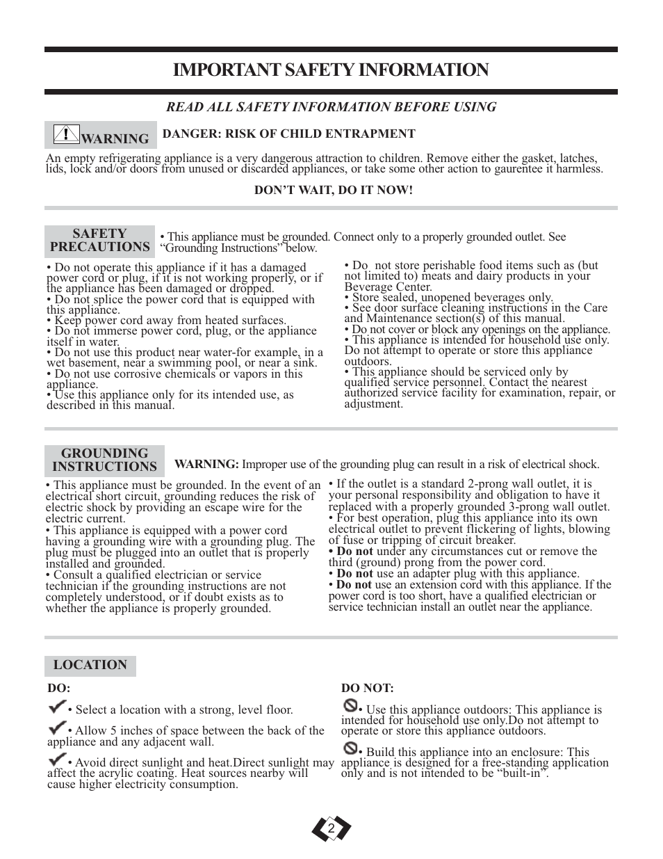 Important safety information | Danby DBC120BLS User Manual | Page 3 / 26