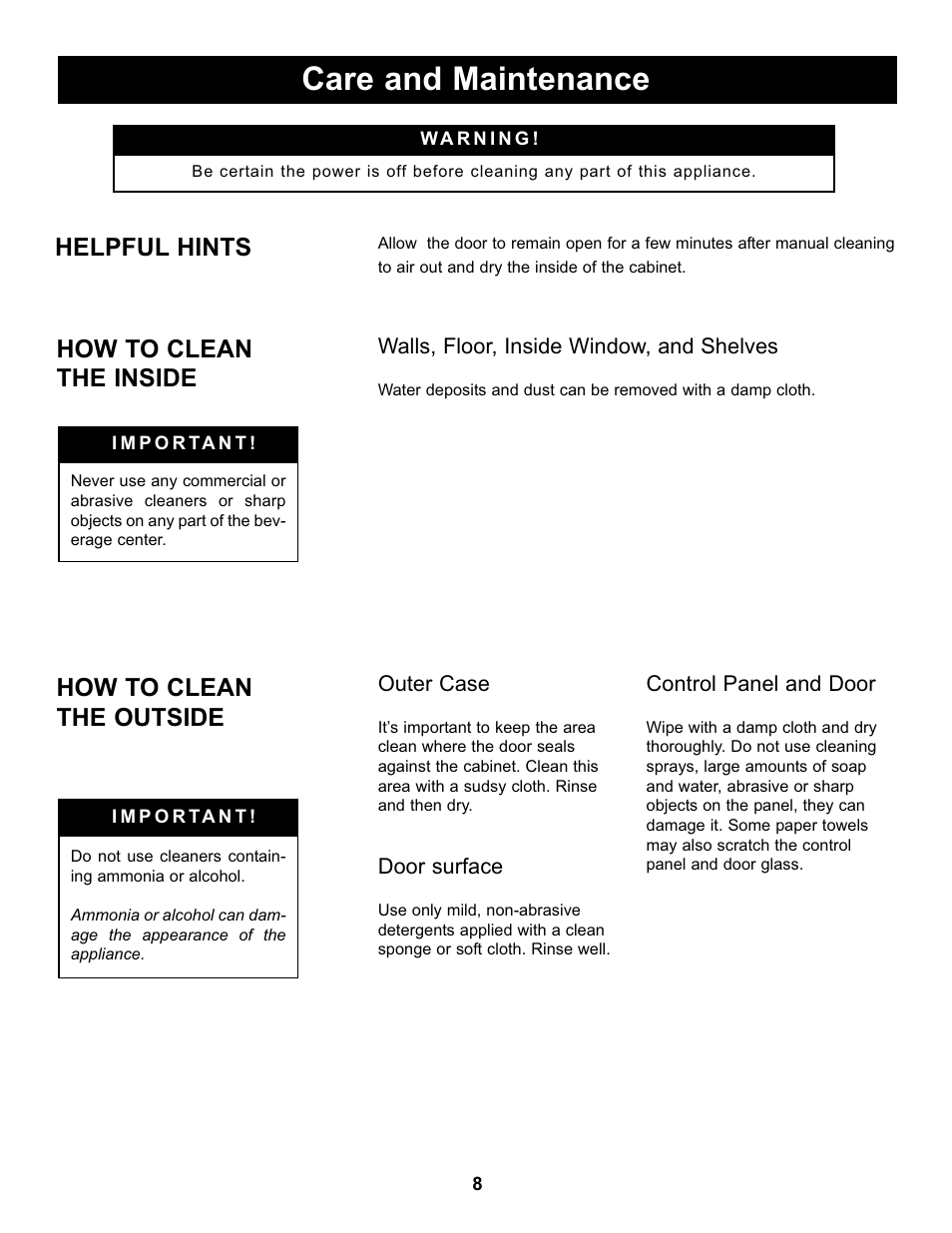 Care and maintenance, Helpful hints, How to clean the inside | How to clean the outside | Danby DBC434A1BSSDD User Manual | Page 10 / 33