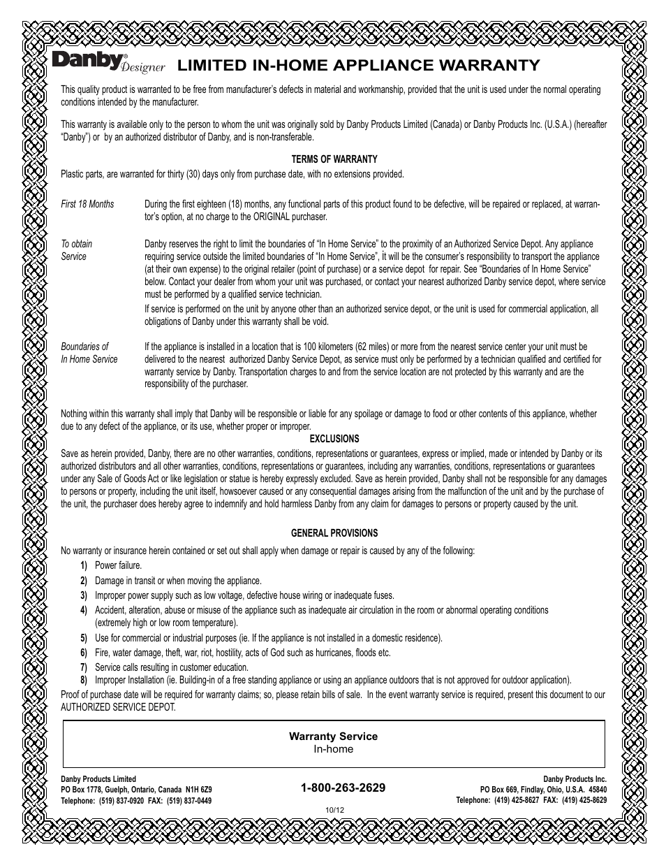 Limited in-home appliance warranty | Danby DBC434A1BSSDD User Manual | Page 12 / 33