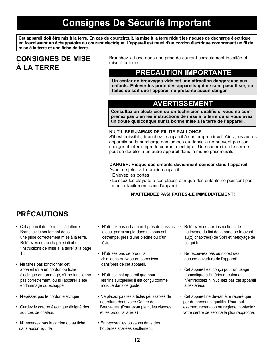 Consignes de sécurité important, Consignes de mise à la terre, Précaution importante avertissement | Précautions | Danby DBC434A1BSSDD User Manual | Page 14 / 33