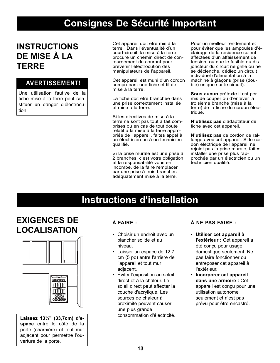 Exigences de localisation, Instructions de mise à la terre, Avertissement | Danby DBC434A1BSSDD User Manual | Page 15 / 33