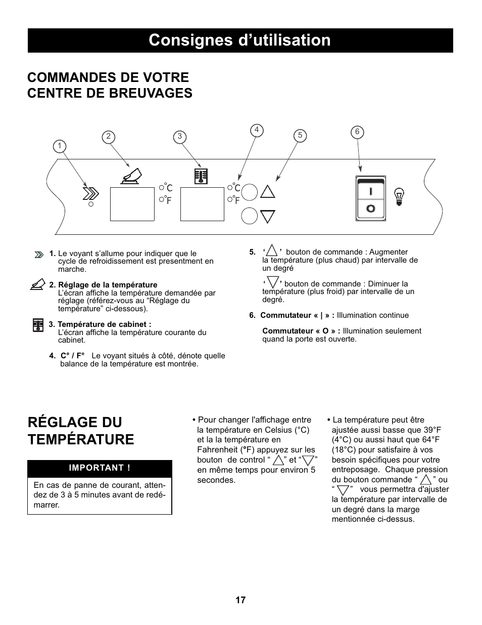 Consignes d’utilisation, Réglage du température, Commandes de votre centre de breuvages | Danby DBC434A1BSSDD User Manual | Page 19 / 33