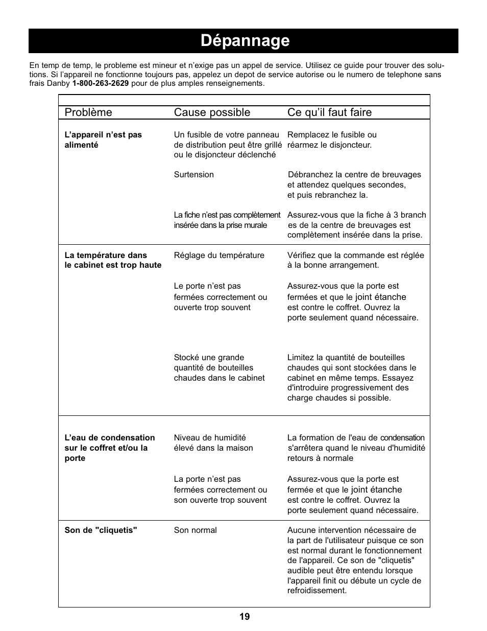 Dépannage, Problème cause possible ce qu’il faut faire | Danby DBC434A1BSSDD User Manual | Page 21 / 33