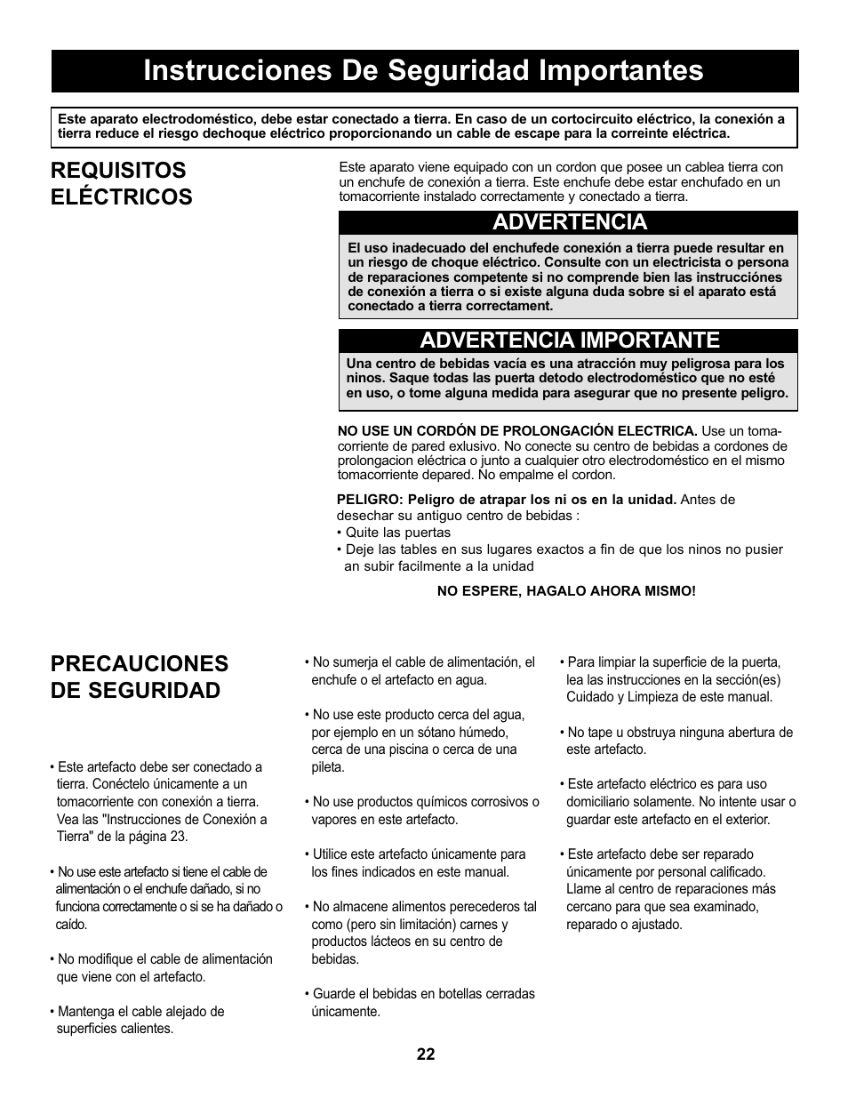 Instrucciones de seguridad importantes, Requisitos eléctricos, Advertencia advertencia importante | Precauciones de seguridad | Danby DBC434A1BSSDD User Manual | Page 24 / 33