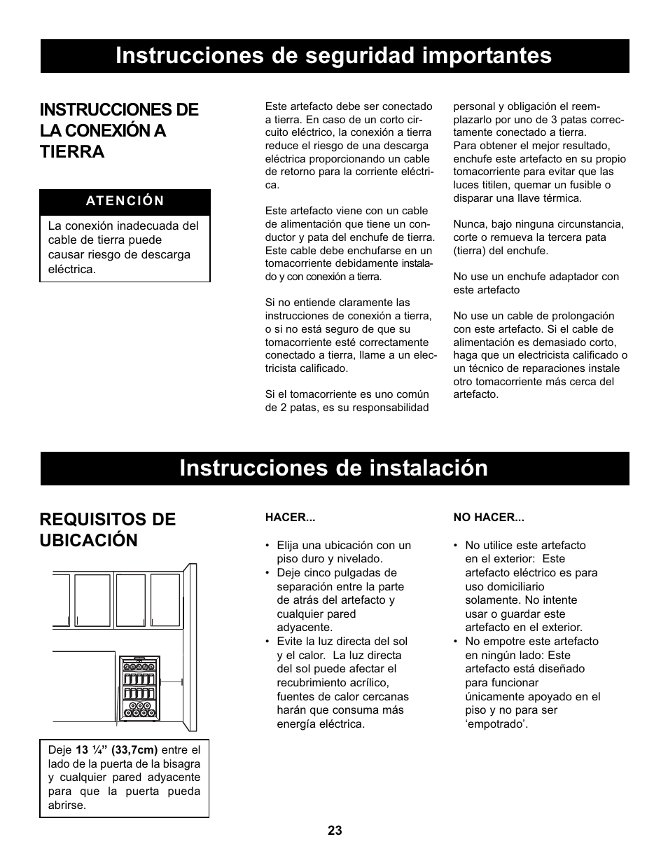 Instrucciones de la conexión a tierra, Requisitos de ubicación | Danby DBC434A1BSSDD User Manual | Page 25 / 33