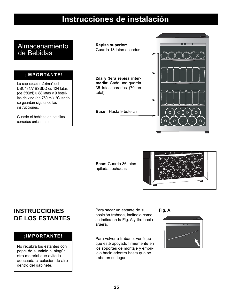 Instrucciones de instalación, Almacenamiento de bebidas, Instrucciones de los estantes | Danby DBC434A1BSSDD User Manual | Page 27 / 33