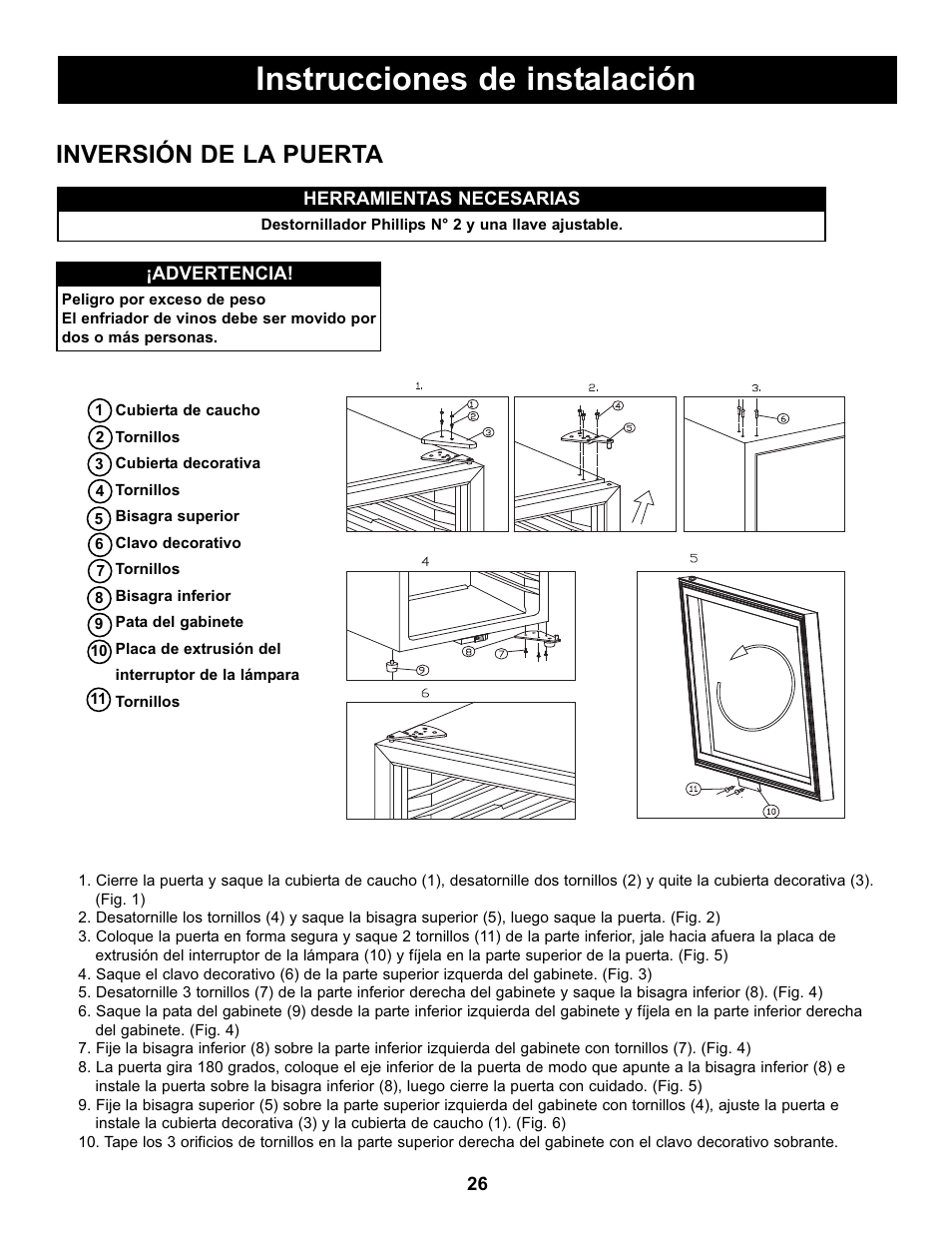 Instrucciones de instalación, Inversión de la puerta | Danby DBC434A1BSSDD User Manual | Page 28 / 33