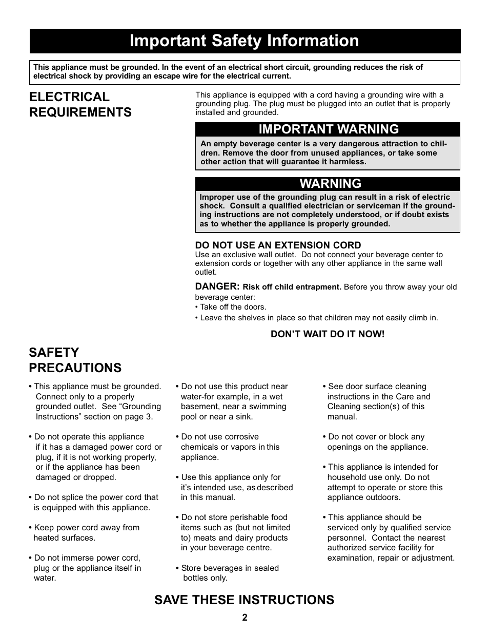 Important safety information, Electrical requirements, Important warning warning | Safety precautions, Save these instructions | Danby DBC434A1BSSDD User Manual | Page 4 / 33