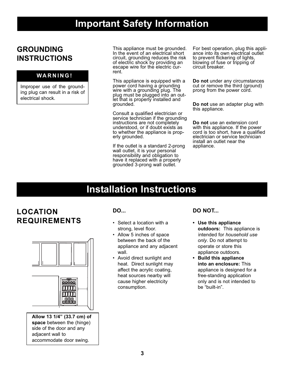 Grounding instructions, Location requirements | Danby DBC434A1BSSDD User Manual | Page 5 / 33