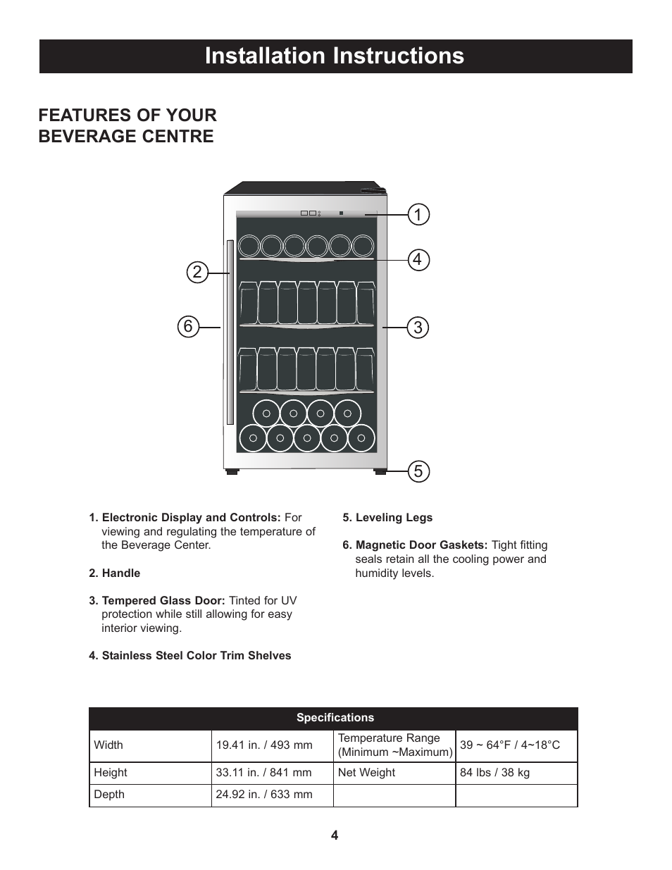 Installation instructions, Features of your beverage centre | Danby DBC434A1BSSDD User Manual | Page 6 / 33